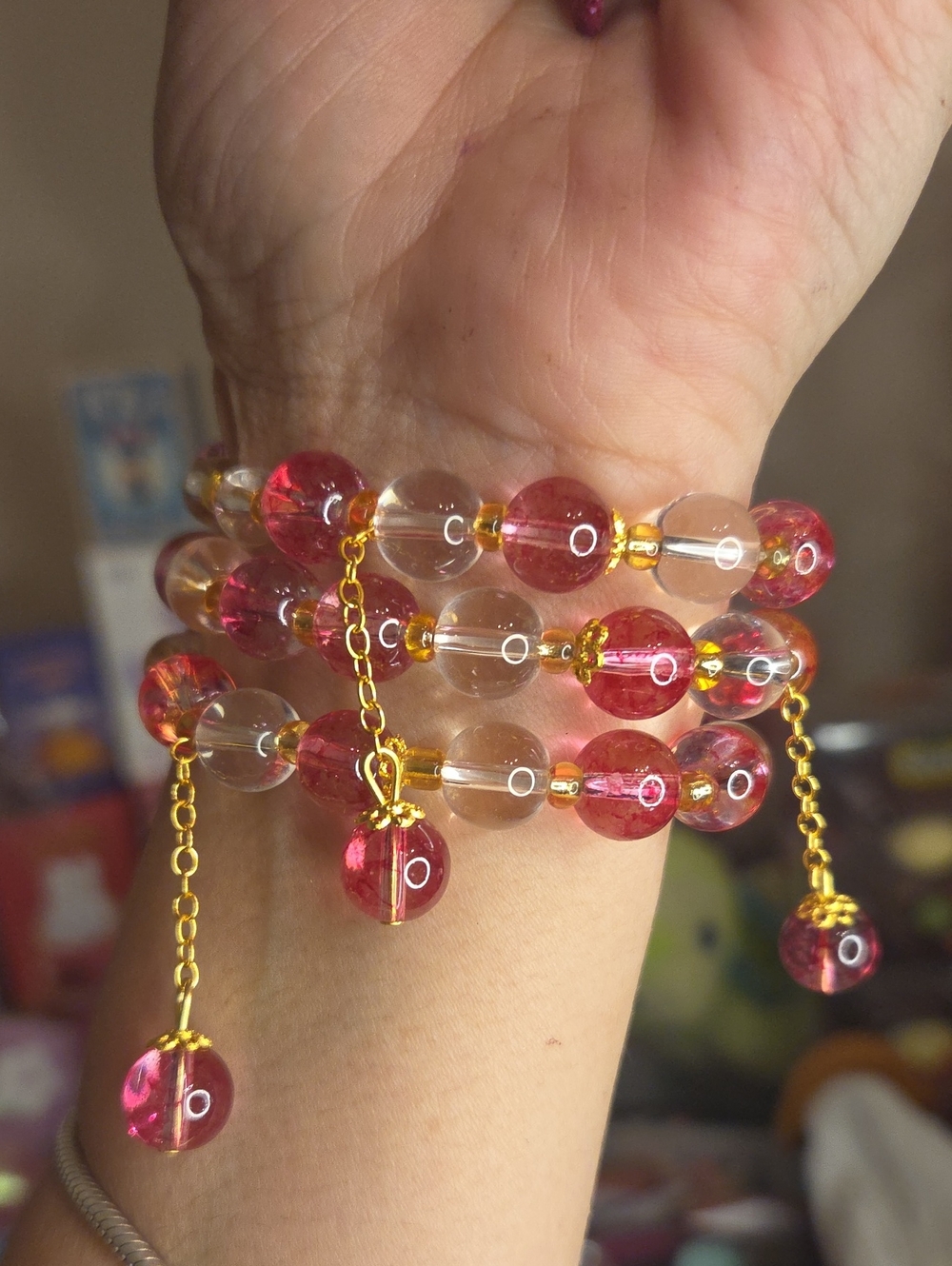 3 Gold-Accented Pink Beaded Wrap Bracelet